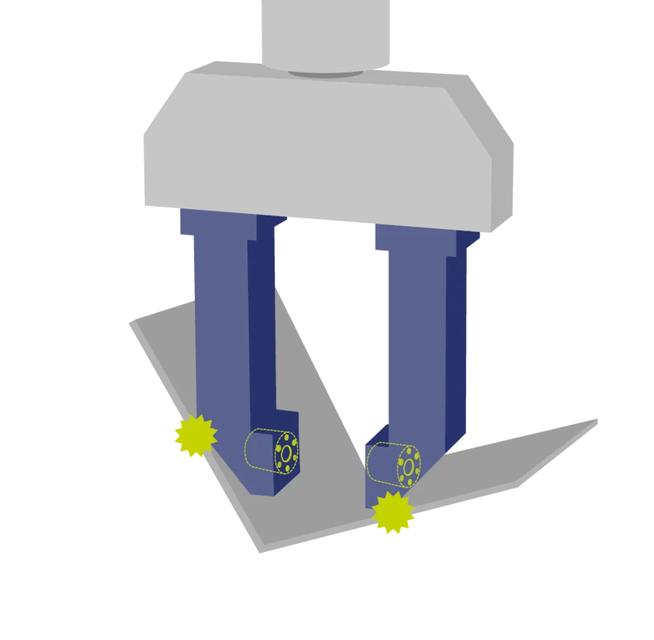 Robot gripper contacting surface at two points while measuring force during contact interaction