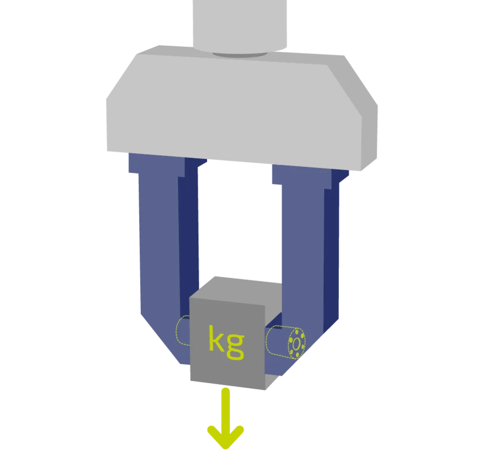 Robot gripper holding object labeled kg while measuring weight during load estimation task