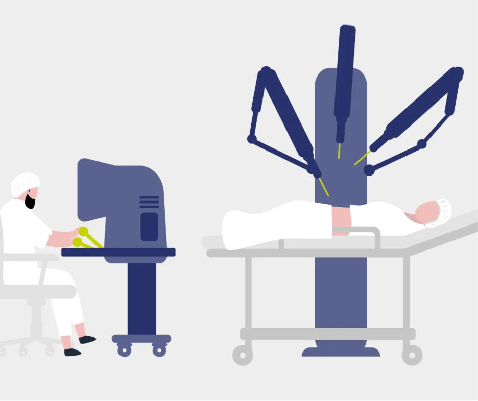 Illustration of surgical robotic system performing minimally invasive procedure with control workstation