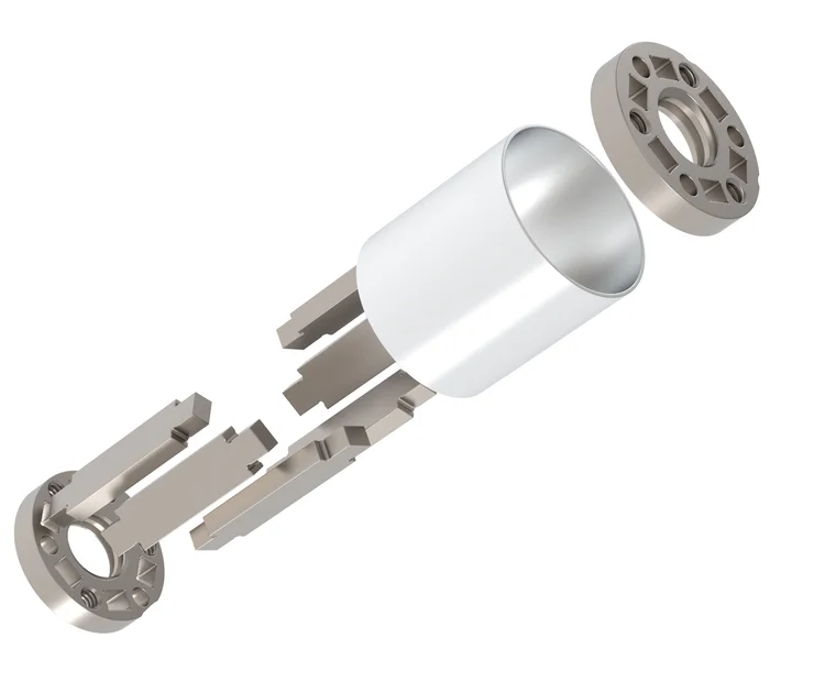 Exploded view of HEX8 modular miniature force torque sensor showing internal structure and design