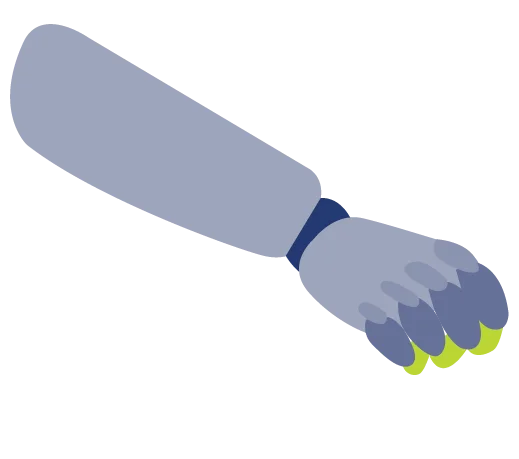 Stylized robotic hand illustration with segmented fingers and highlighted contact points