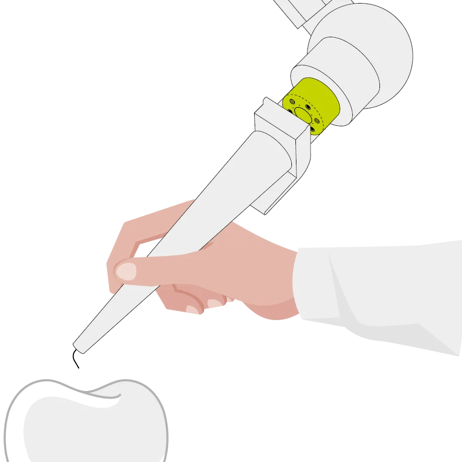 Surgical robot tool interacting with object while operator holds instrument at workstation